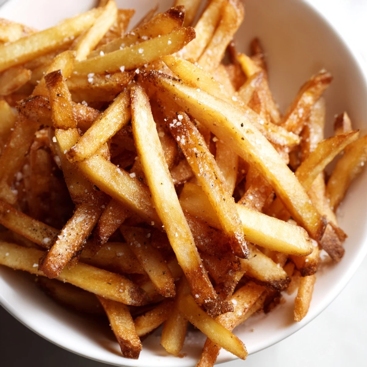 Healthy Crispy Air Fryer French Fries with Sea Salt arranged on a baking sheet with uncooked potatoes and oil.