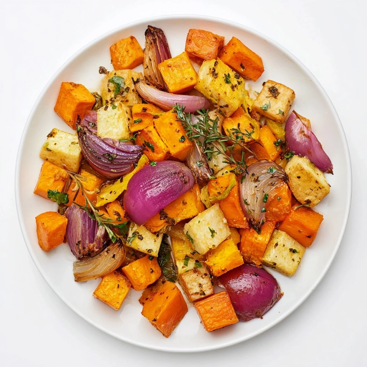 Golden roasted root vegetable medley with herbs on a rustic platter, garnished with fresh parsley and lemon zest.