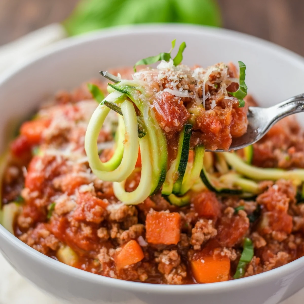 A close-up of healthy Turkey Bolognese Sauce with vibrant zucchini noodles and Parmesan cheese.