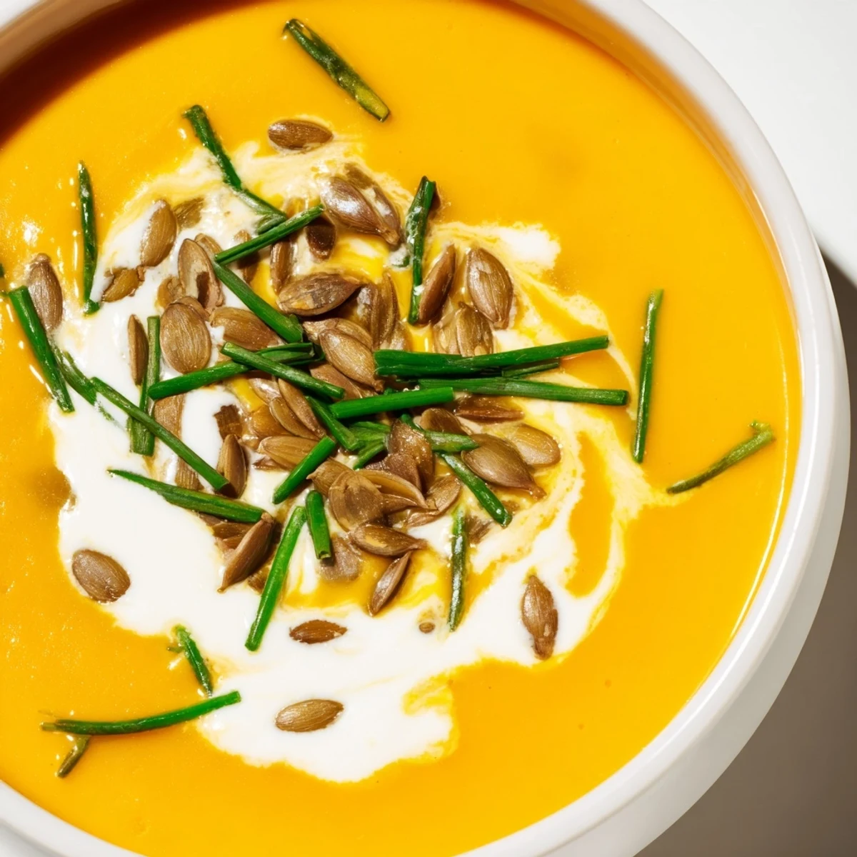 Spoon dipping into Creamy Pumpkin Soup with Toasted Seeds, revealing velvety texture next to crusty bread on table.