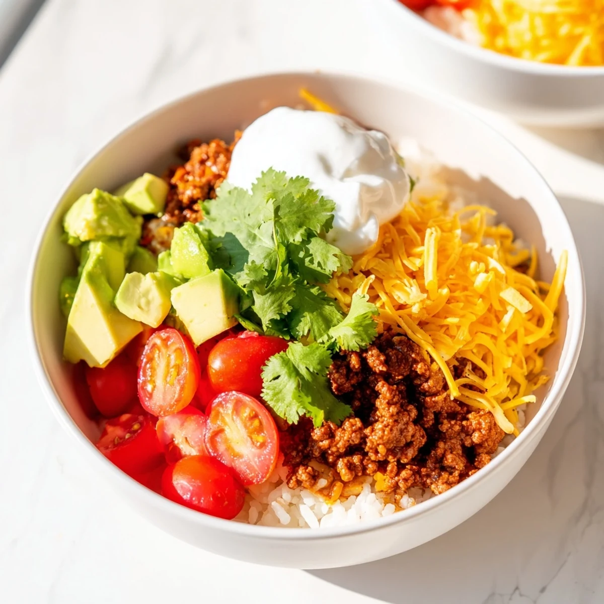 Close-up of a spoon scooping into hearty Beef Burrito Bowls with Cilantro Lime Rice and Beans, revealing fluffy rice and savory black beans.