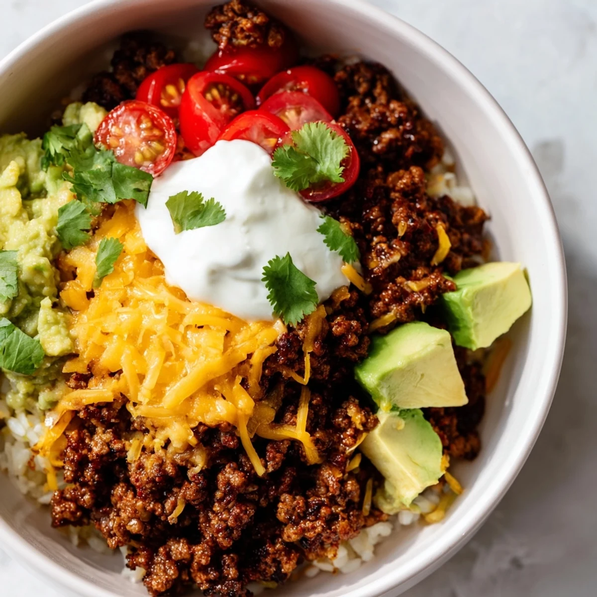 Top-down view of Beef Burrito Bowls with Cilantro Lime Rice and Beans showcasing seasoned ground beef, fresh diced avocado, and shredded cheese.