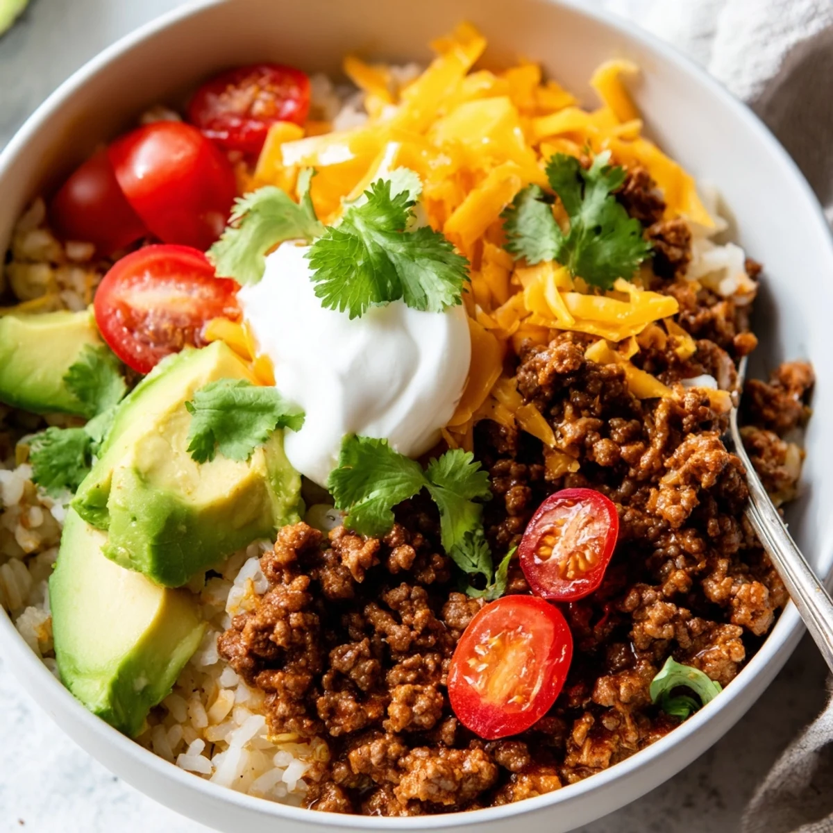 Sizzling skillet of seasoned ground beef ready to be served over Beef Burrito Bowls with Cilantro Lime Rice and Beans.