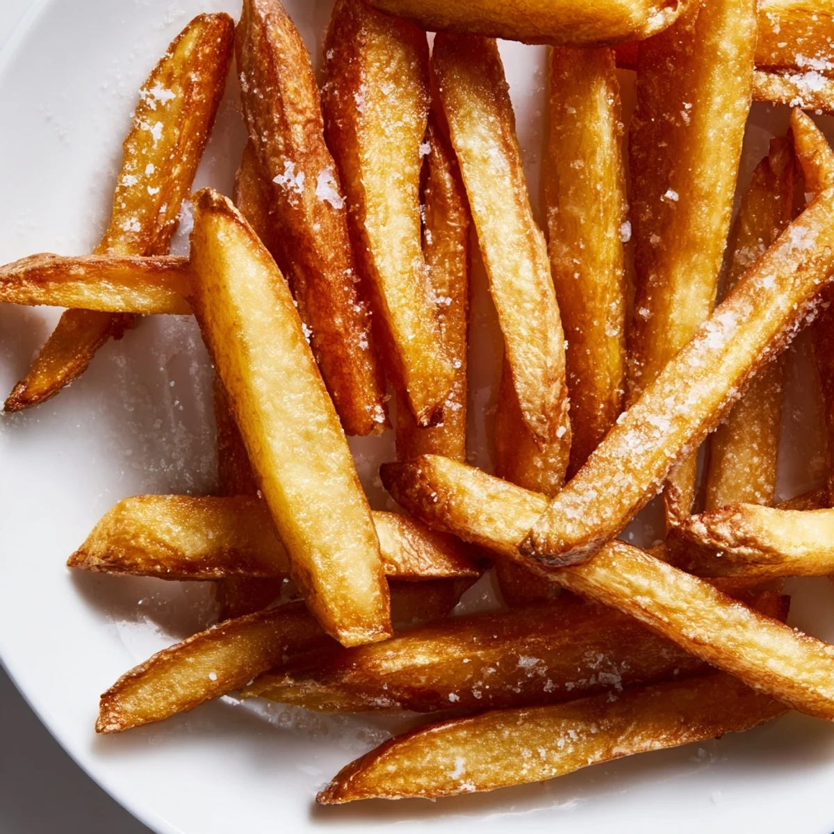 Golden-brown Crispy Air Fryer French Fries with Sea Salt piled high on a plate with ketchup. 