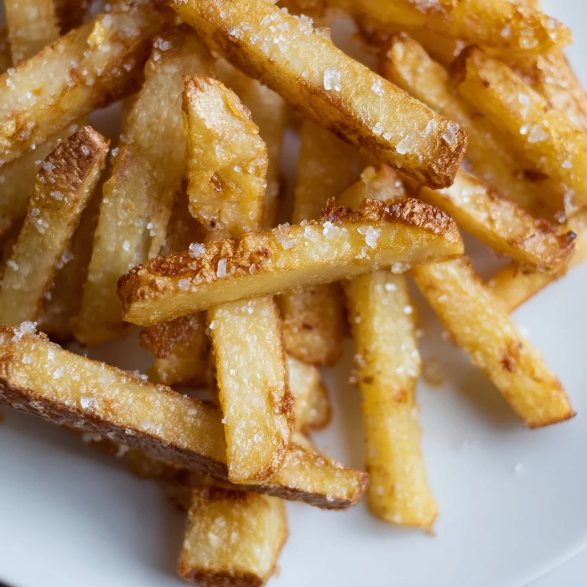 Freshly cooked Crispy Air Fryer French Fries with Sea Salt served alongside a juicy burger. 