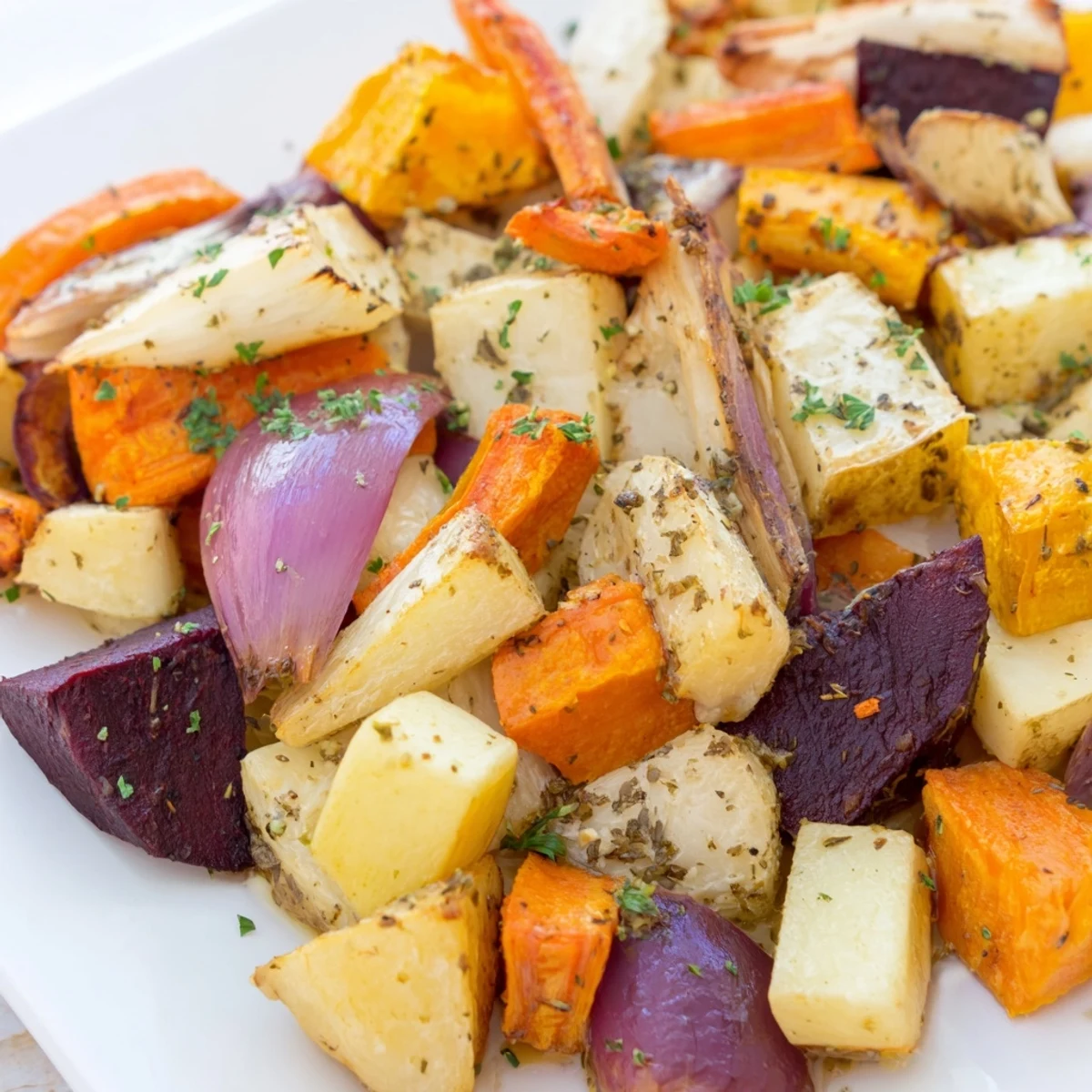 Golden caramelized edges on a colorful roasted root vegetable medley with dried herbs, perfect for weeknight dinners.