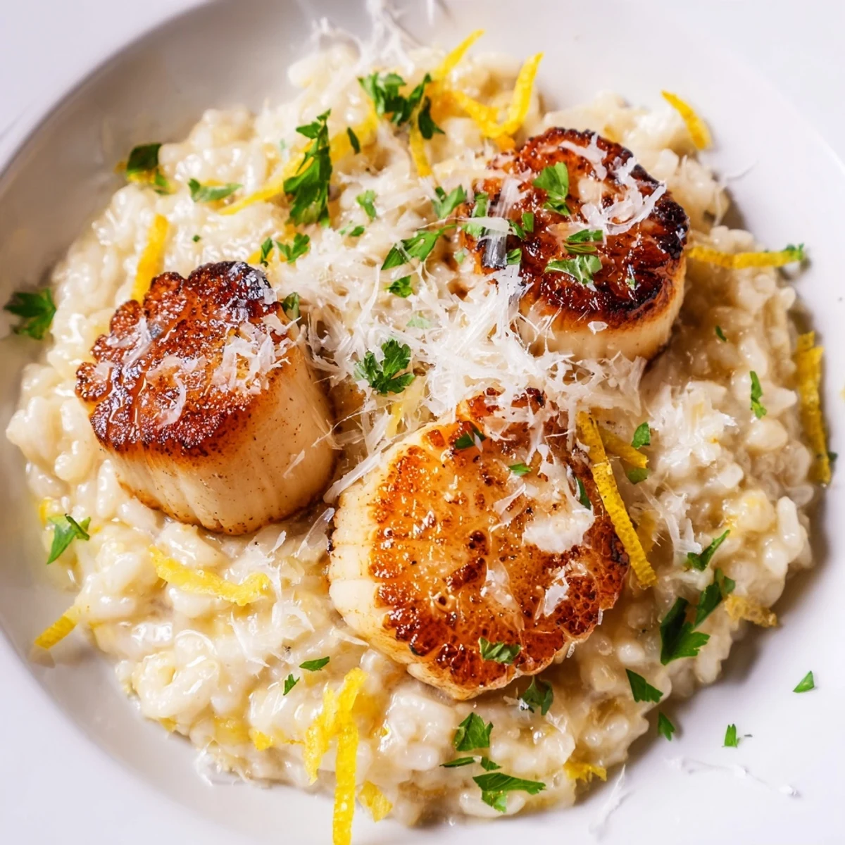 A close-up of Lemon Garlic Scallops with velvety risotto, drizzled in lemon butter sauce and ready to serve.