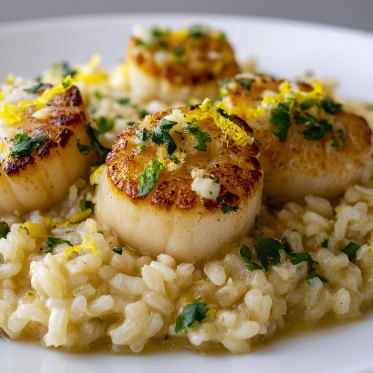 Luxurious Lemon Garlic Scallops paired with creamy parmesan risotto, finished with fresh herbs and zesty lemon garnish.