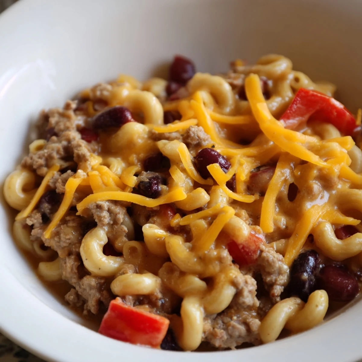 Golden-brown melted cheddar coats the Turkey Chili Mac and Cheese in a steamy skillet, topped with fresh cilantro and a dollop of sour cream.