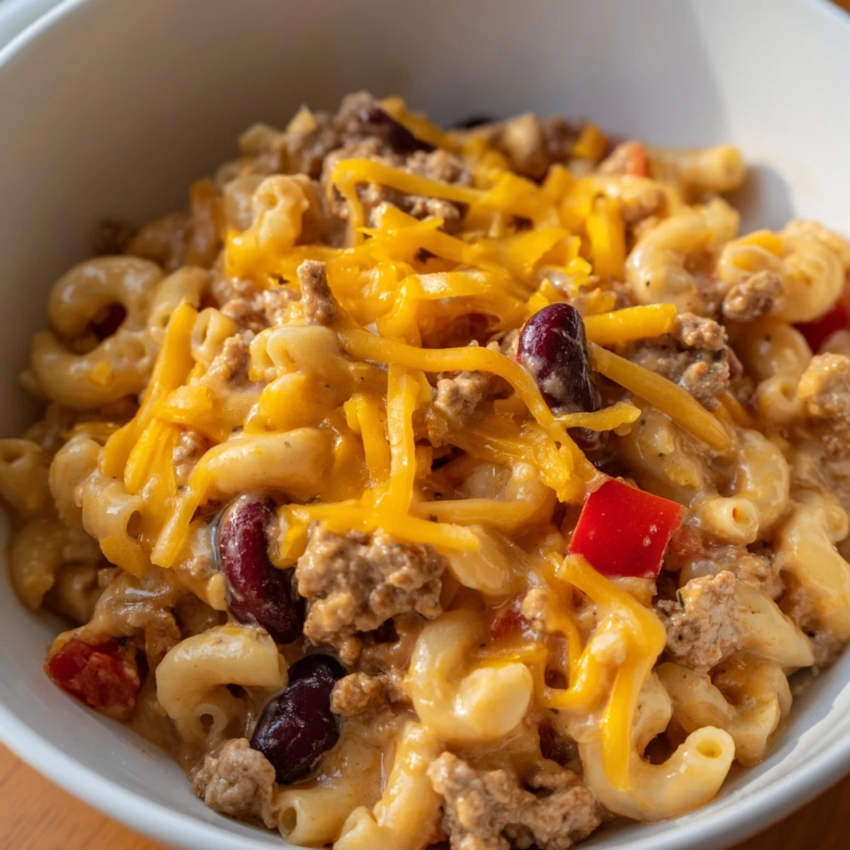 Fork-tender elbow macaroni and lean ground turkey swirl through the creamy, spicy Turkey Chili Mac and Cheese, garnished with sharp cheddar.