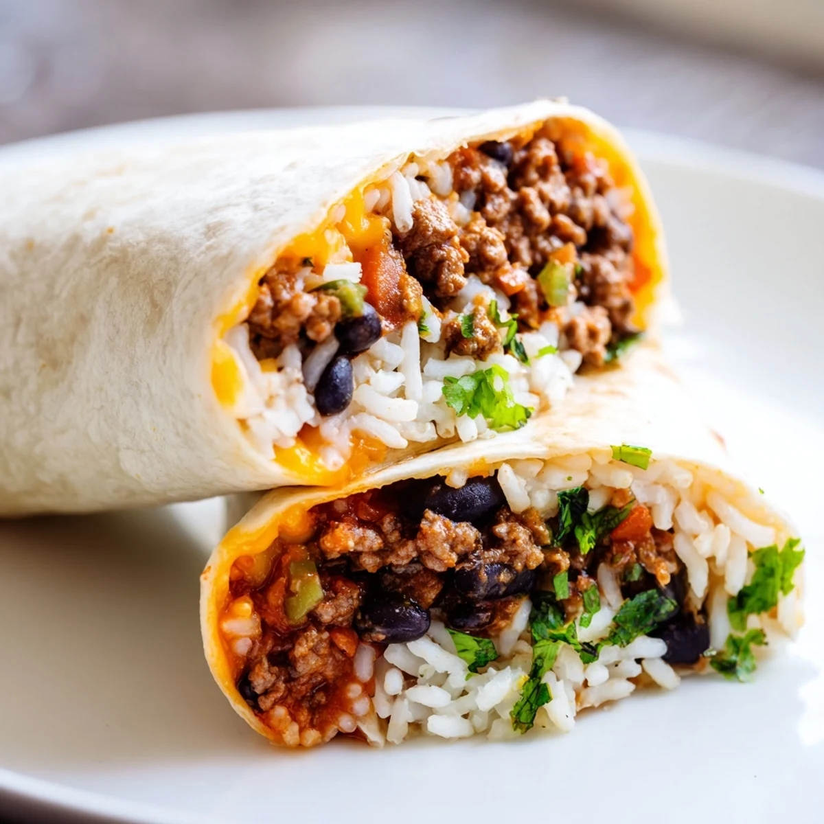 Warm flour tortilla stuffed with seasoned ground beef, rice, beans, and melted cheese.