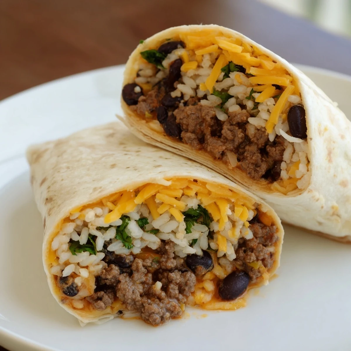 Golden-brown burrito cut in half, revealing fluffy rice, savory beef, and black beans.