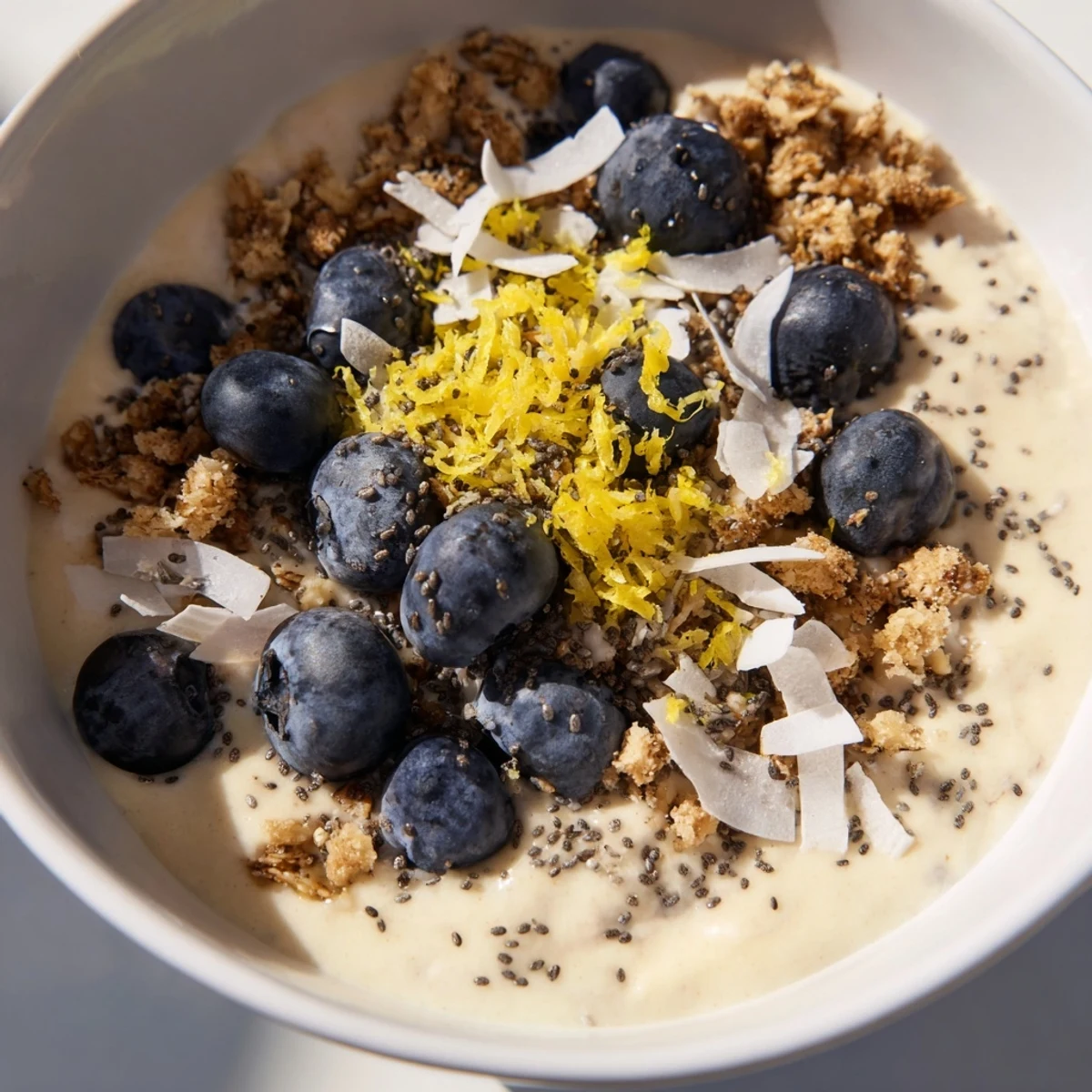 Close-up of a thick and creamy Lemon Blueberry Smoothie Bowl, garnished with lemon zest and chia seeds for added nutrition.