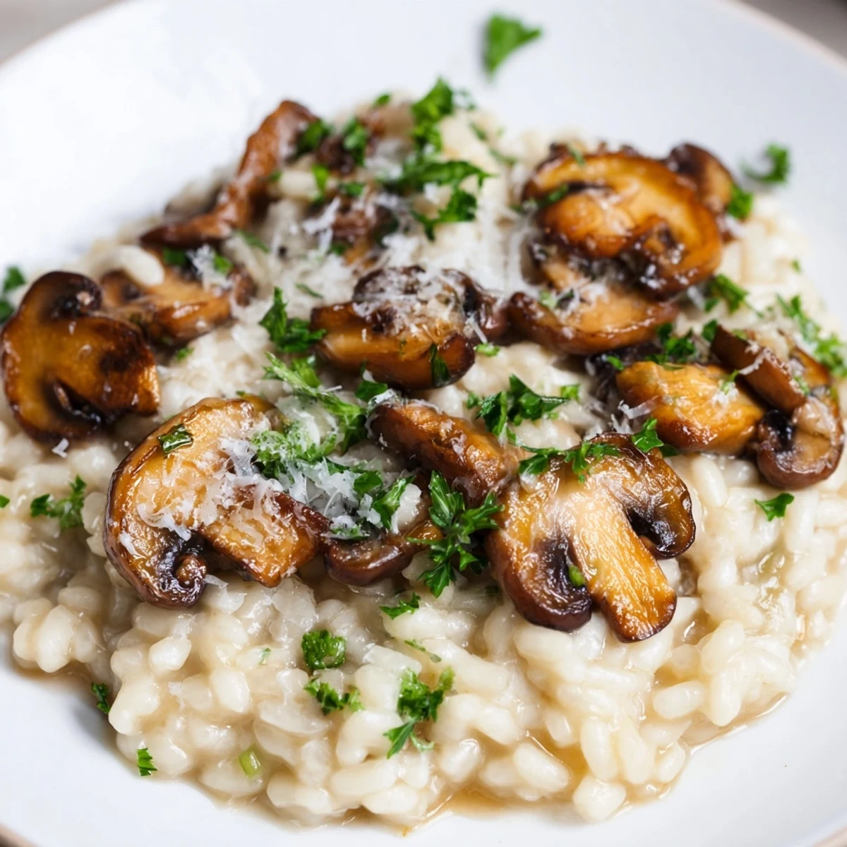 Creamy Mushroom Risotto with Parmesan Cheese served steaming in a white bowl, garnished with fresh parsley and extra shavings.