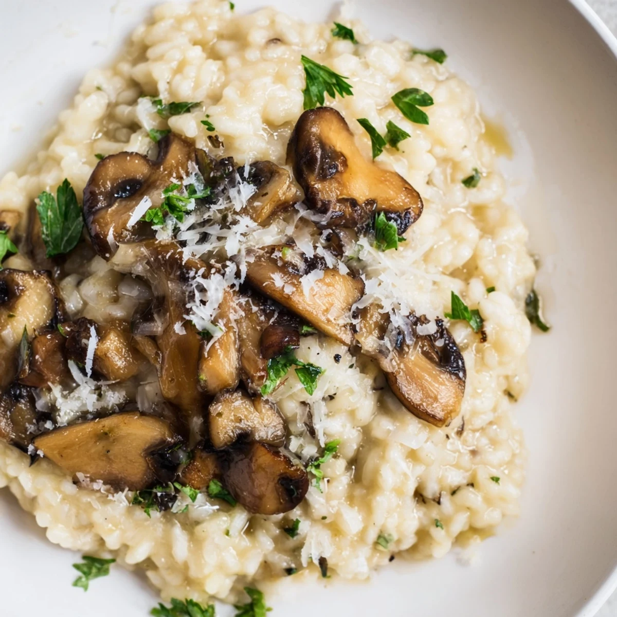 Close-up of Creamy Mushroom Risotto with Parmesan Cheese, highlighting its velvety texture and golden-brown sautéed mushrooms.