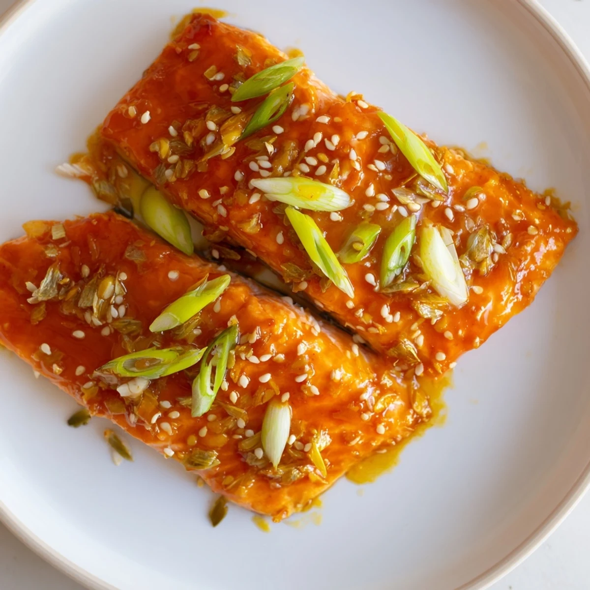 Juicy baked salmon fillets coated in sticky orange ginger glaze, garnished with green onions and sesame seeds for a quick weeknight dinner.