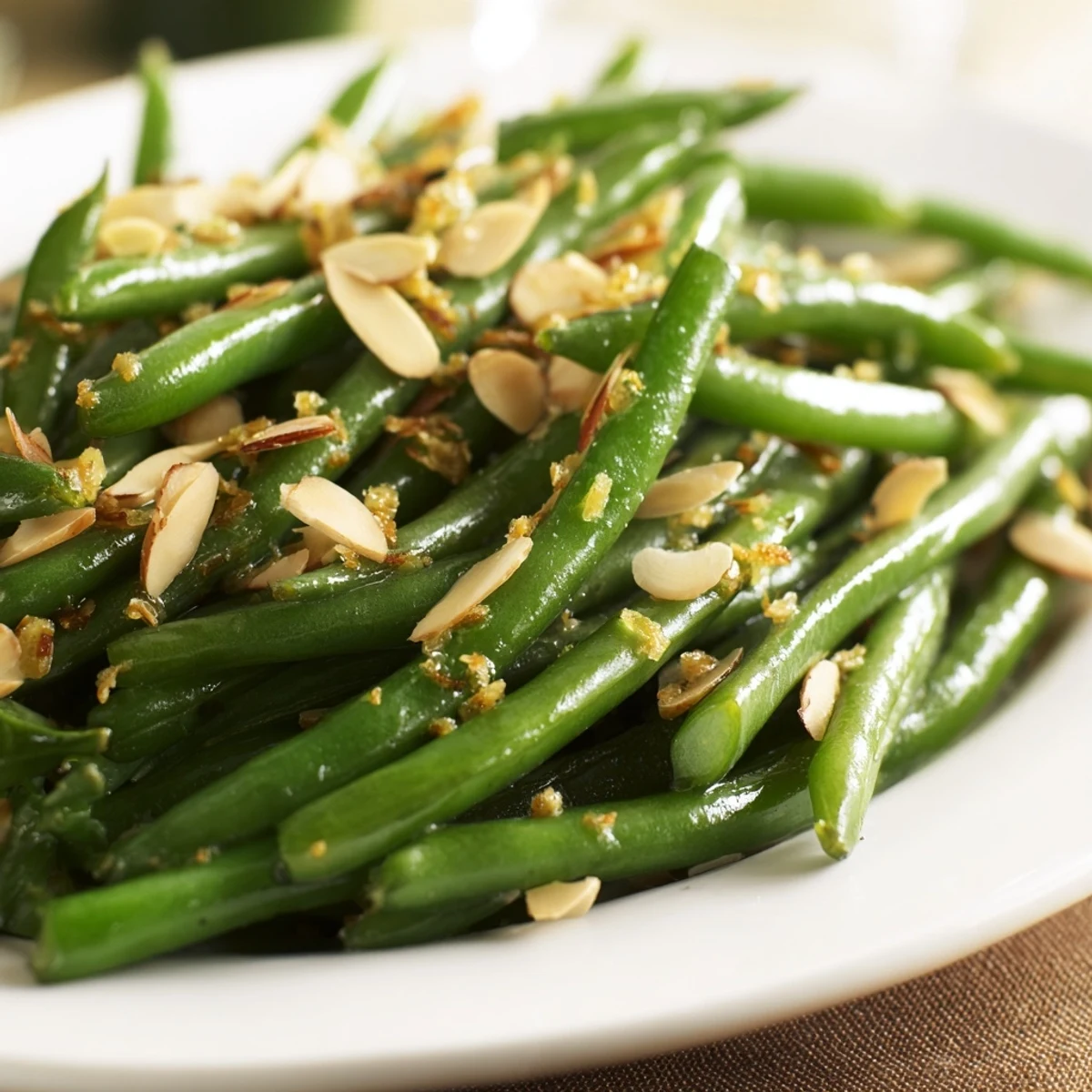 Bright green beans are sautéed with minced garlic and olive oil, then tossed with fresh lemon juice and toasted almonds for a crisp, zesty side dish.