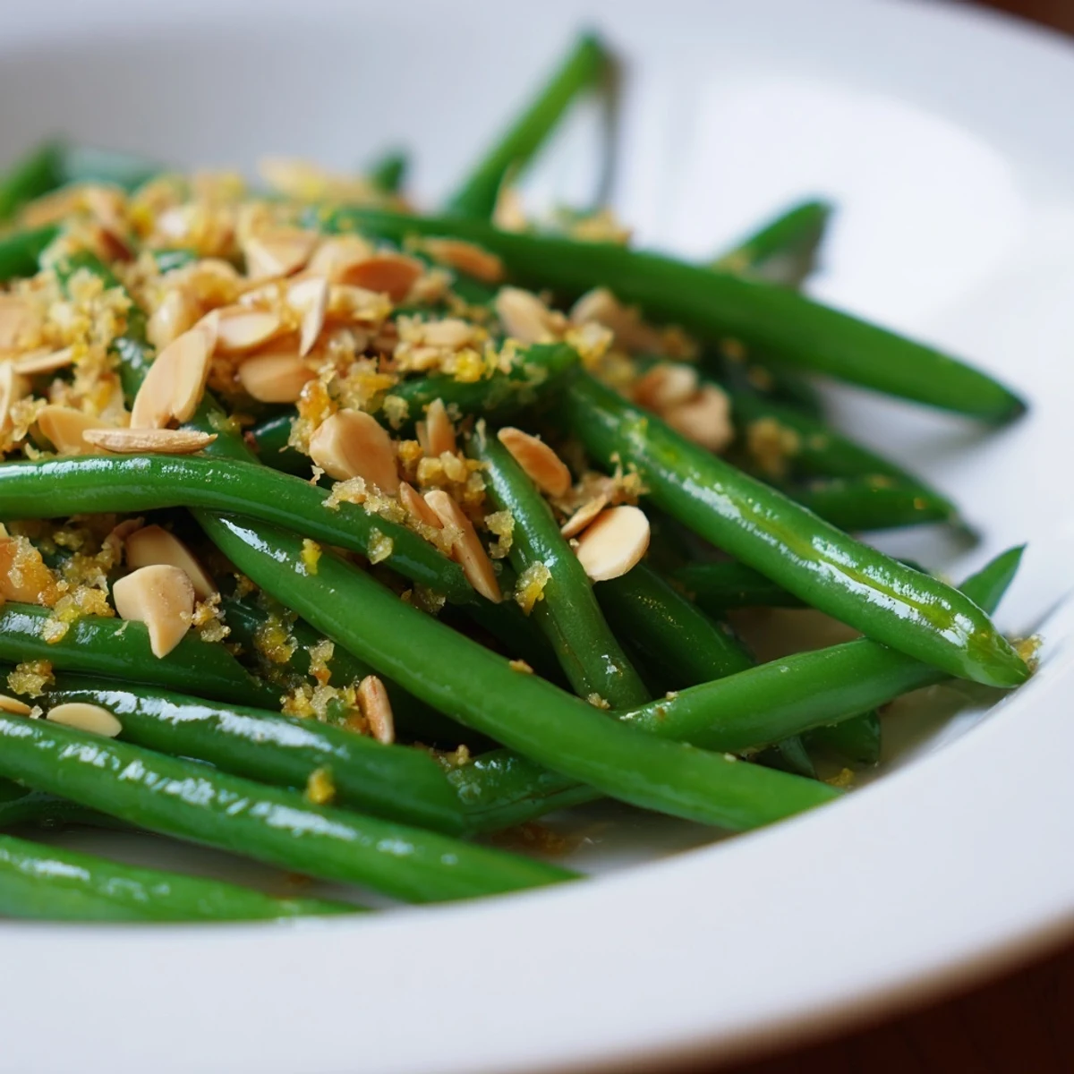 A close-up of vibrant Lemon Garlic Green Beans with Almonds, garnished with lemon zest and sliced nuts, served warm alongside a roasted chicken breast.