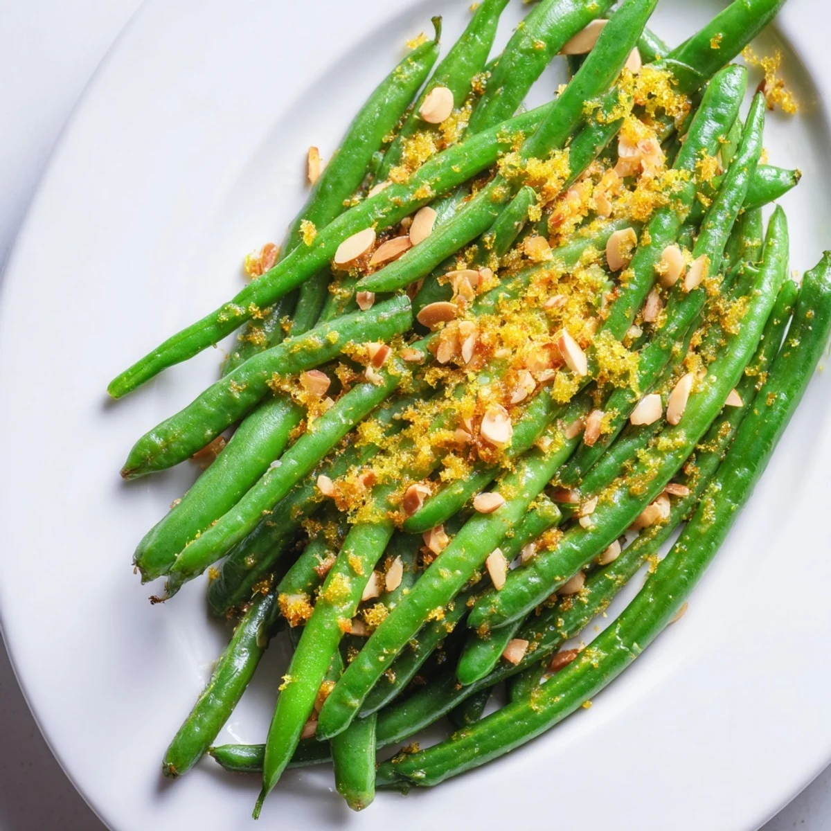 Tender green beans tossed in a glossy lemon-garlic sauce, topped with golden toasted almonds, ready to serve as an easy vegetarian side for dinner.