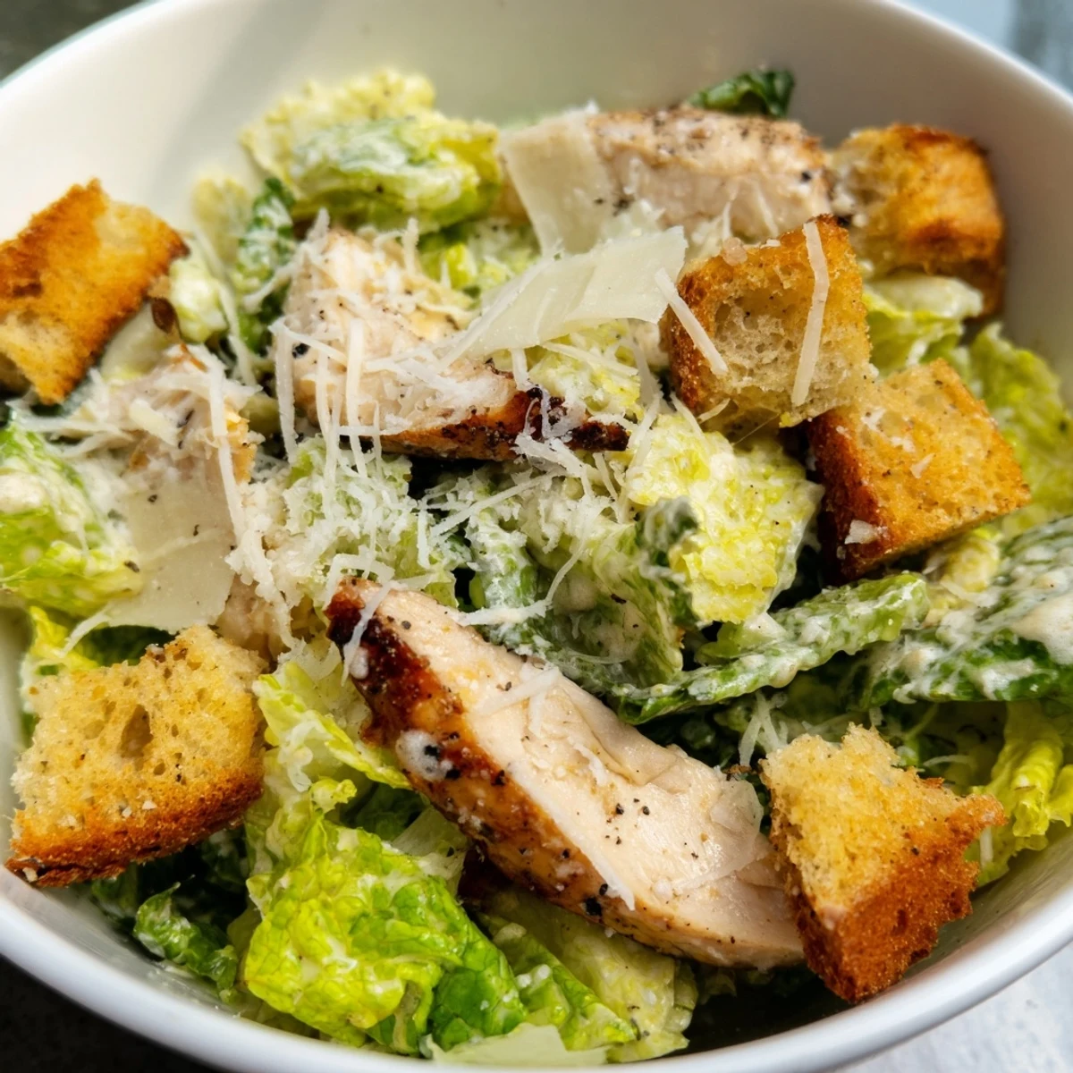 Freshly grilled chicken slices rest atop crisp romaine lettuce and golden homemade garlic croutons in this Chicken Caesar Salad.