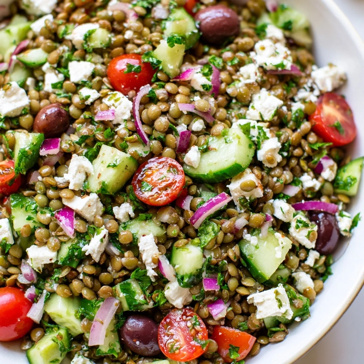 Freshly cooked green lentils, diced cucumbers, cherry tomatoes, and crumbled feta cheese tossed in a lemon oregano vinaigrette, showcasing a vibrant Mediterranean Lentil Salad served in a rustic white bowl.