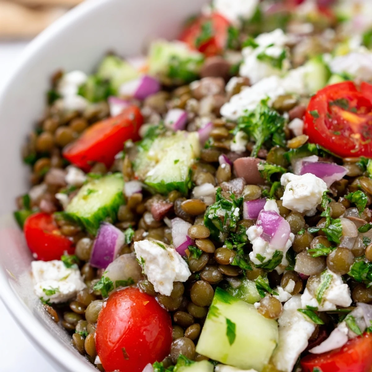 Close-up view of a hearty Mediterranean Lentil Salad featuring tender lentils, creamy feta chunks, and glistening dressing, highlighting the fresh ingredients for a protein-packed vegetarian meal.