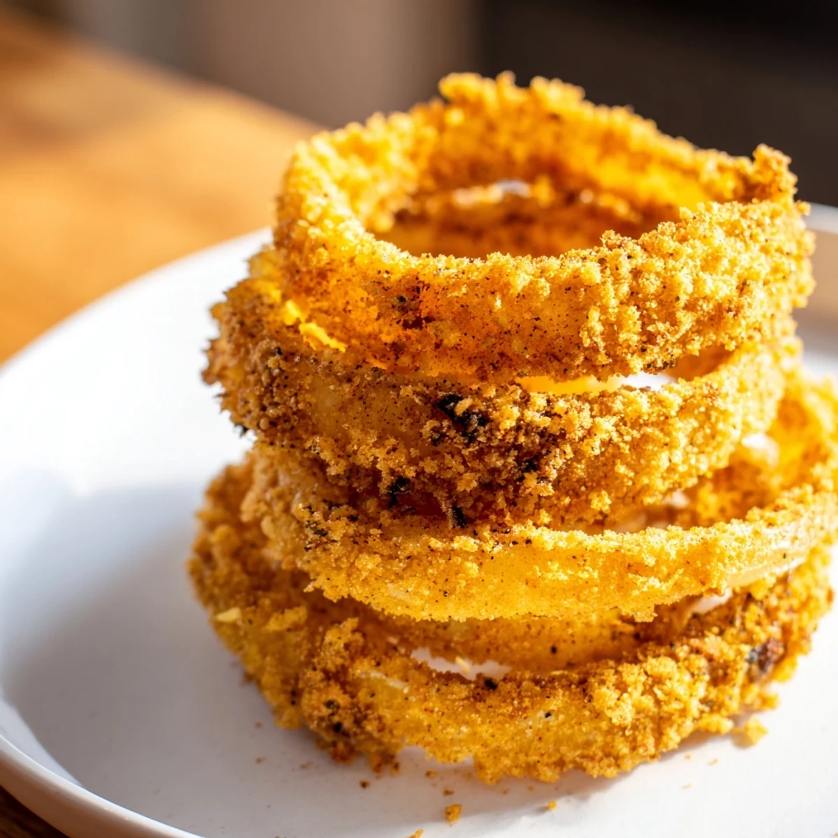 Perfectly crunchy Crispy Air Fryer Onion Rings stacked high on a plate for game day.