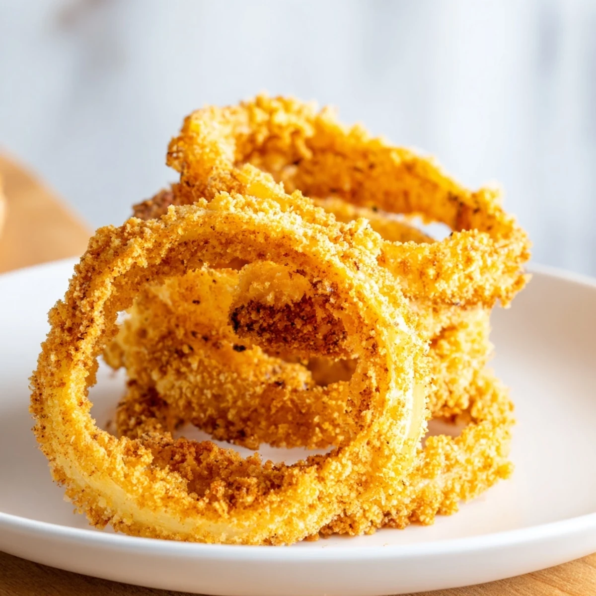 Homemade Crispy Air Fryer Onion Rings with panko breading, ready to dip and enjoy.