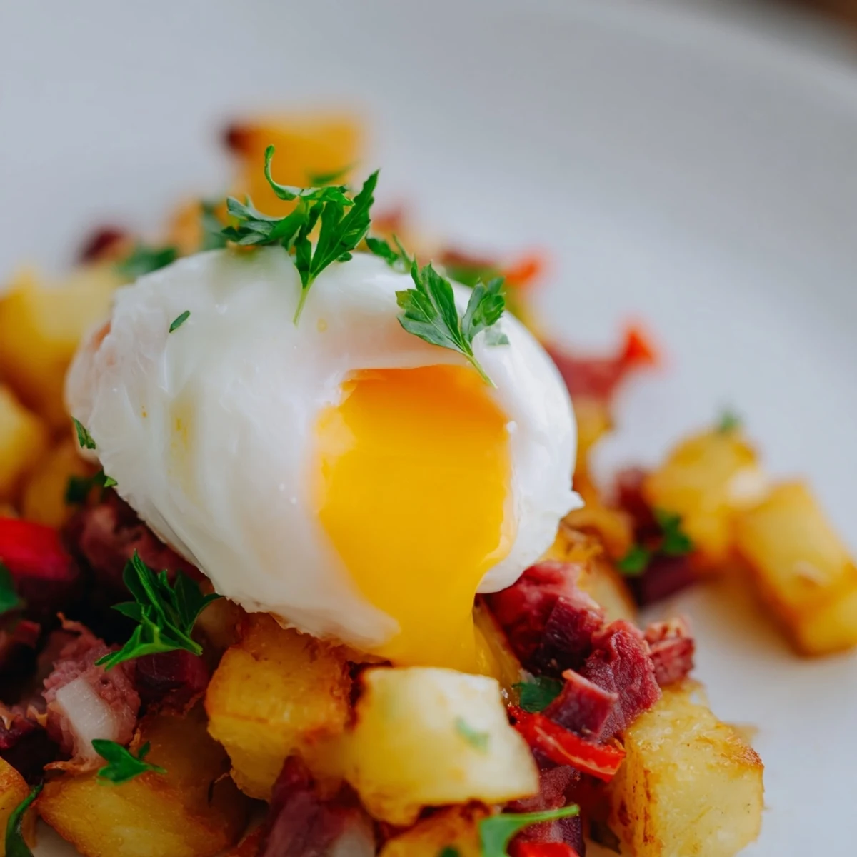 Golden corned beef hash with crispy potatoes and a runny poached egg topped with fresh parsley, served on a white plate.  