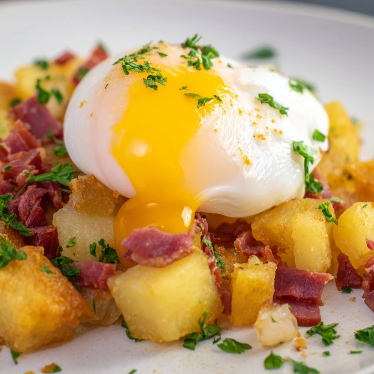 A hearty breakfast of halal corned beef hash with tender potatoes and onions, crowned with a poached egg for brunch.  