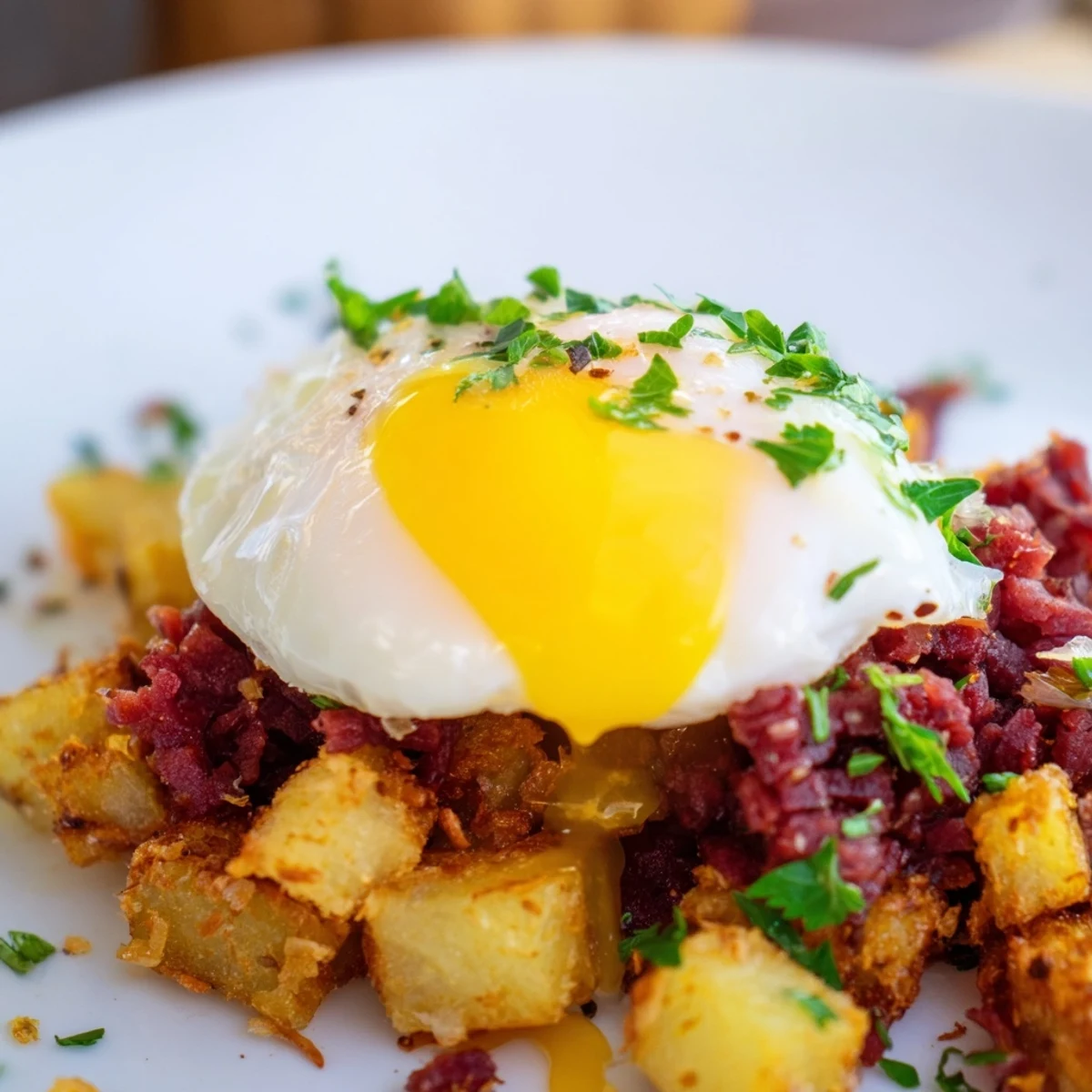 Skillet of golden corned beef hash and diced red bell pepper, topped with poached eggs and parsley, ready to serve.