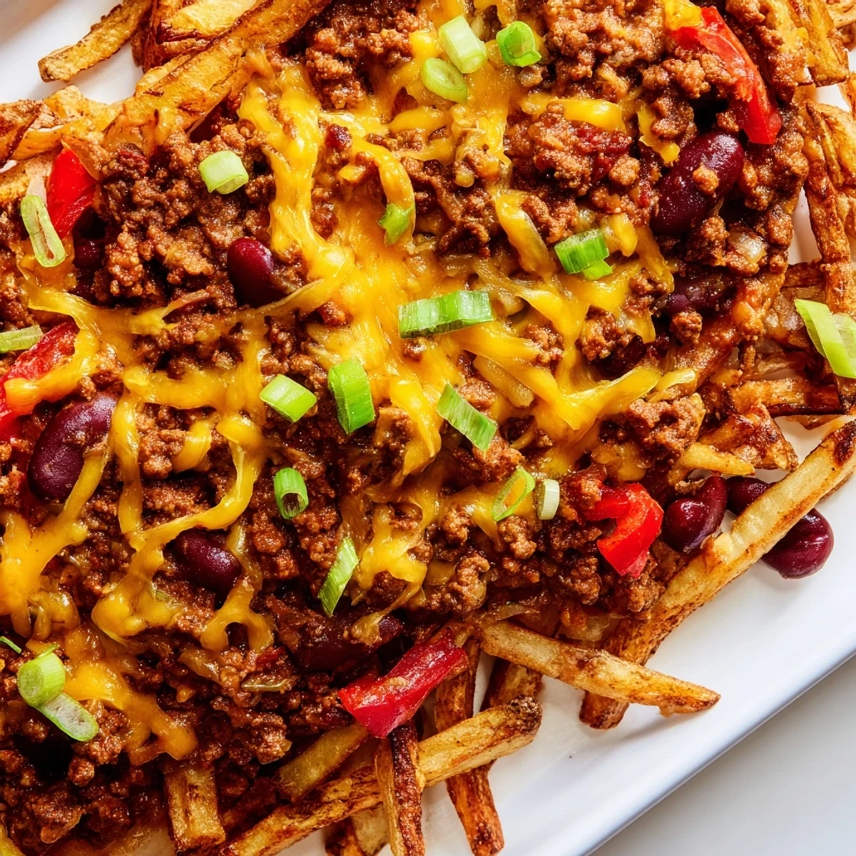 Golden Championship Chili Cheese Fries piled high with crispy baked fries, hearty beef chili, and melted cheddar, garnished with green onions.