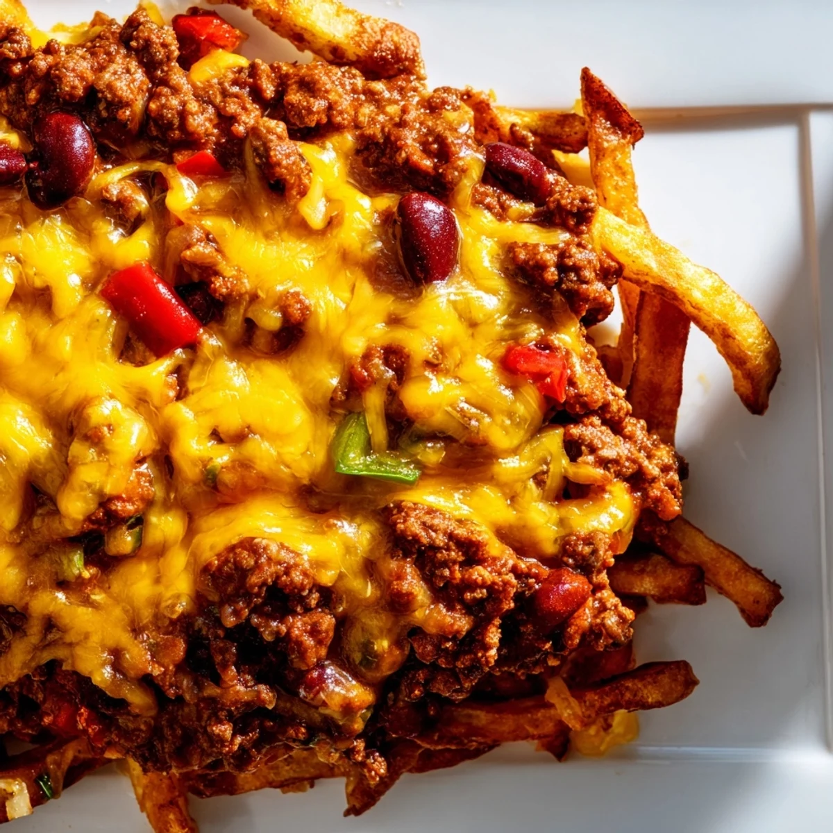 A close-up of Championship Chili Cheese Fries with steaming ground beef chili and gooey cheddar, served on a platter for game day.