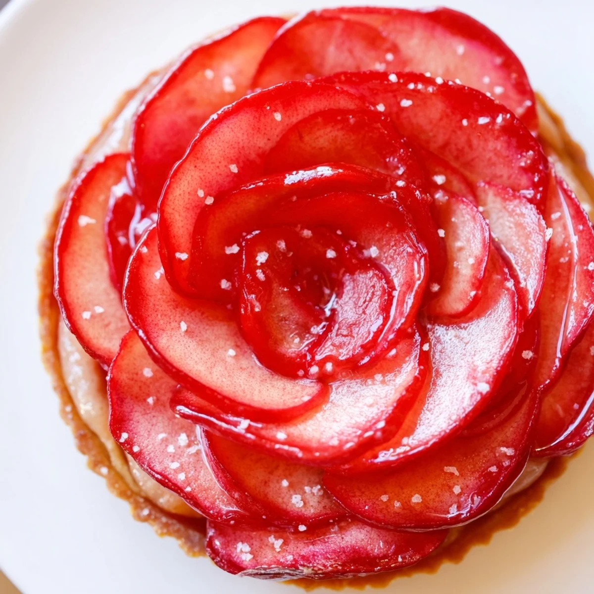 A close-up of a Red Rose Apple Tart with delicate apple roses arranged in a spiral over a golden almond frangipane filling inside a crisp pastry crust.