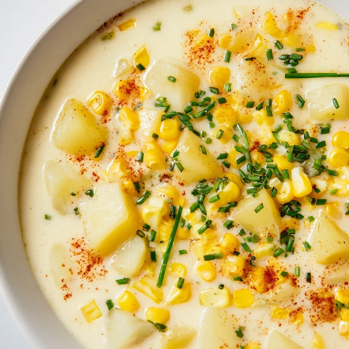 Creamy corn chowder with smoked paprika steaming in a rustic bowl, garnished with fresh chives and a light dusting of paprika.