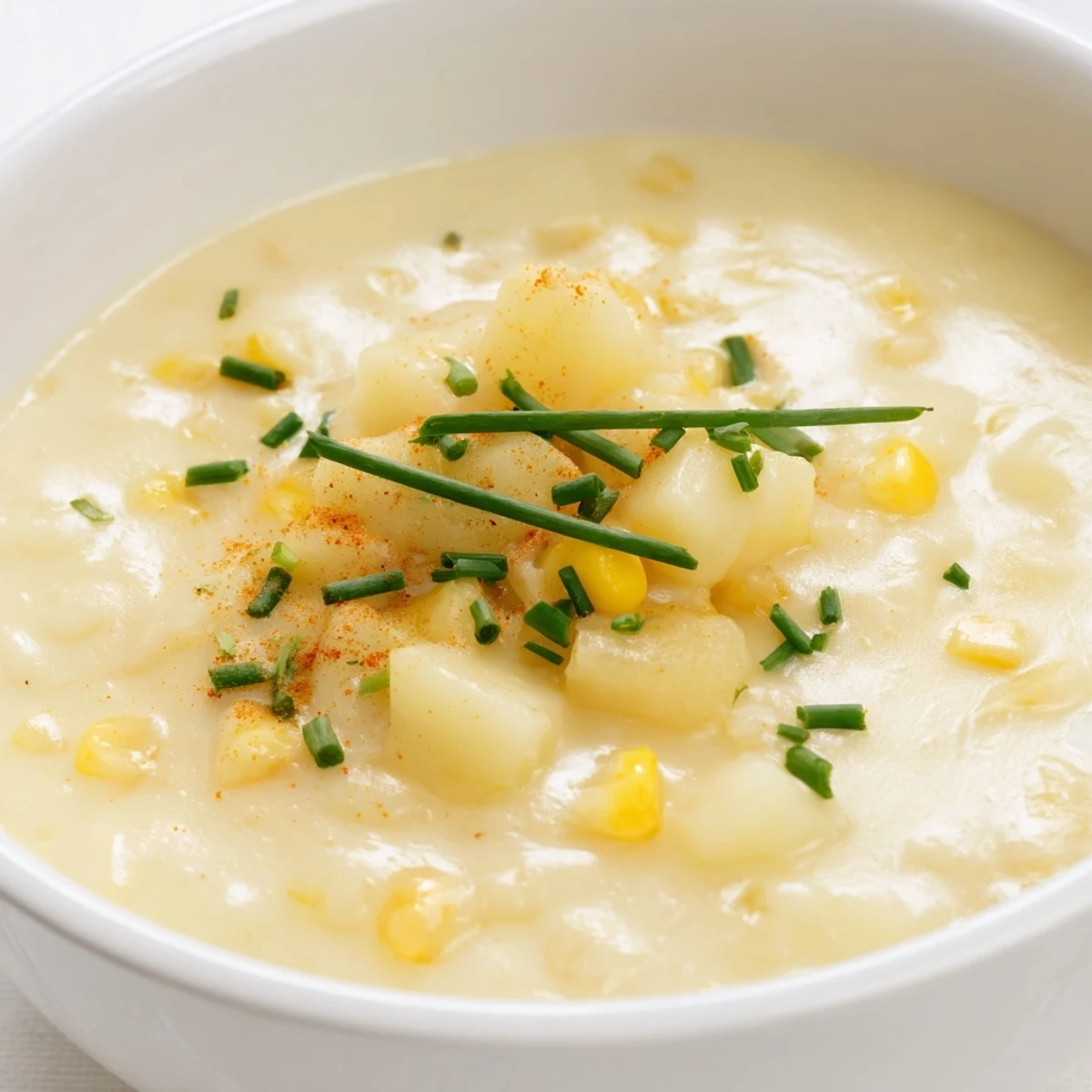 Hearty bowl of creamy corn chowder with smoked paprika, featuring tender potatoes and sweet corn kernels, served as a cozy vegetarian meal.