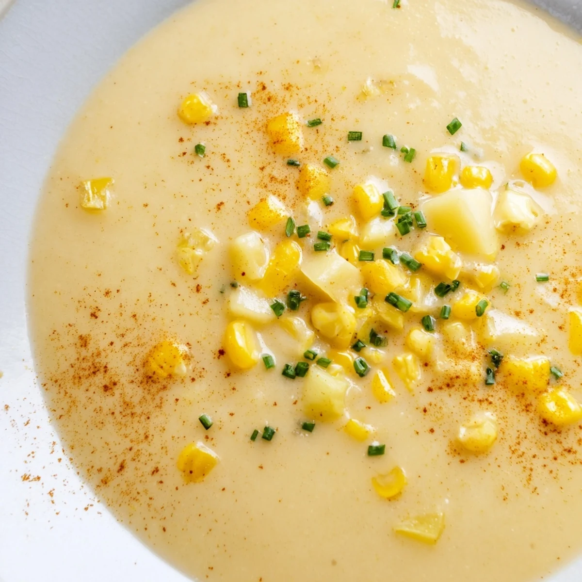 Rich and velvety creamy corn chowder with smoked paprika, ladled from a pot and ready to enjoy on a cool evening.