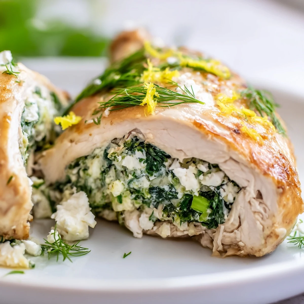 Juicy baked Spinach and Feta Stuffed Chicken Breast with golden edges and fresh herbs on a rustic plate.  