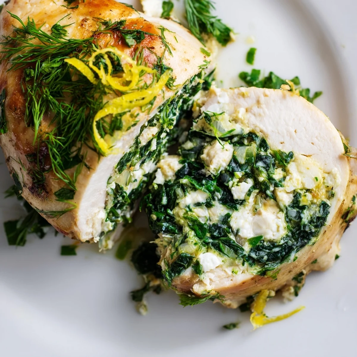 A warm Mediterranean dinner plate featuring Spinach and Feta Stuffed Chicken Breast with roasted veggies.