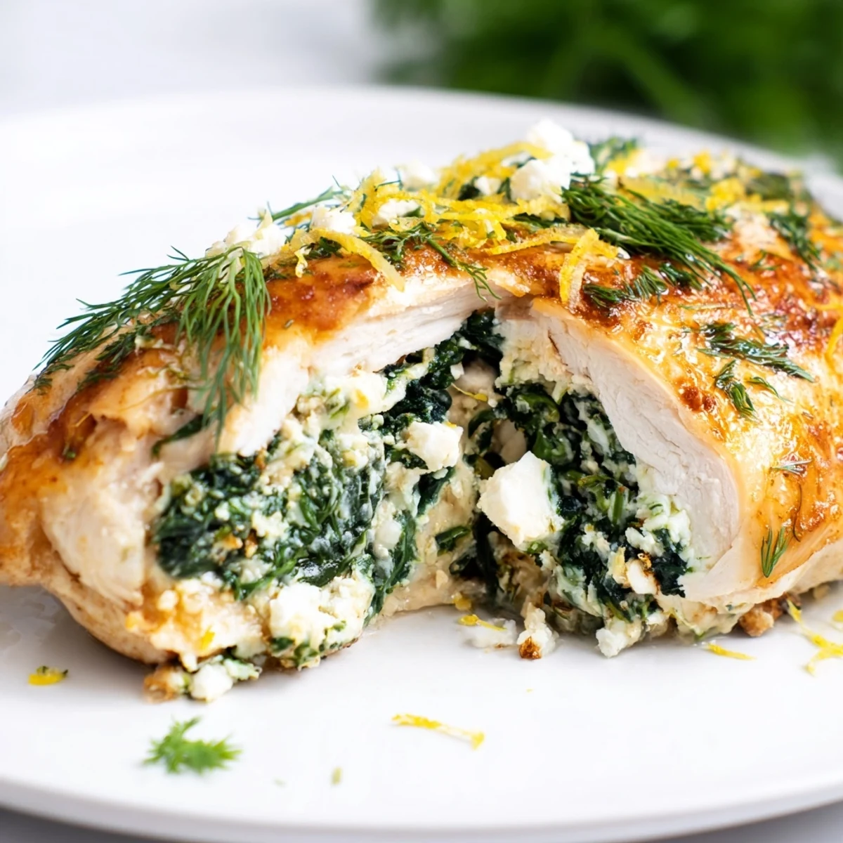 Golden-brown Spinach and Feta Stuffed Chicken Breast sliced to reveal a vibrant, cheesy herb filling.  