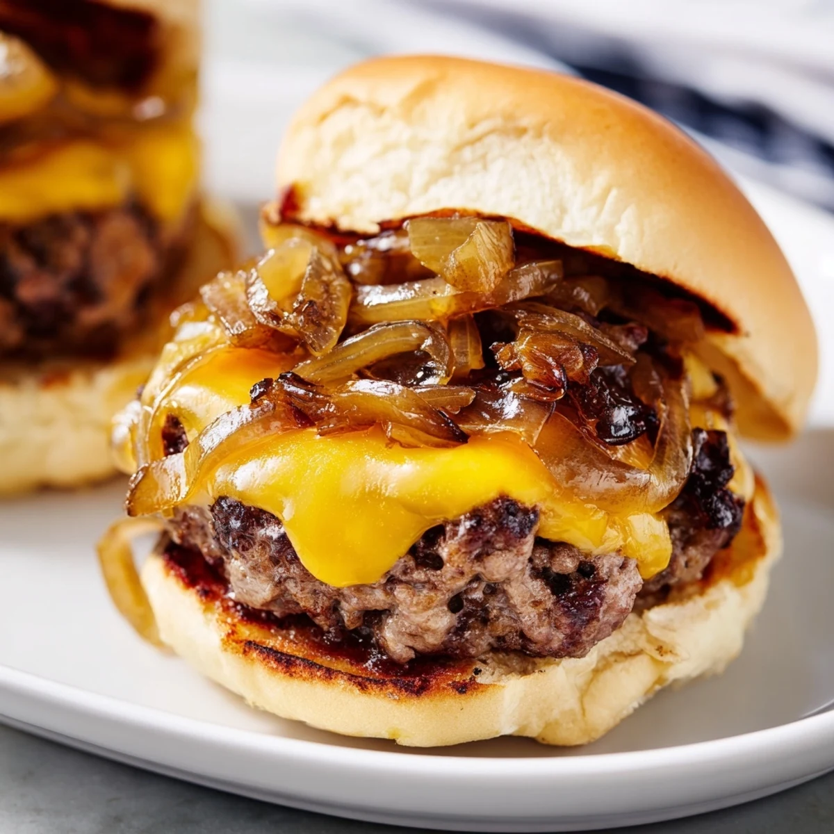 Juicy mini beef burgers topped with golden caramelized onions on toasted slider buns for a delicious snack.