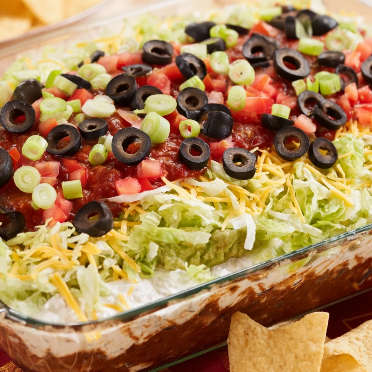Colorful layers of seasoned refried beans, sour cream, guacamole, and salsa topped with cheese, olives, and green onions.
