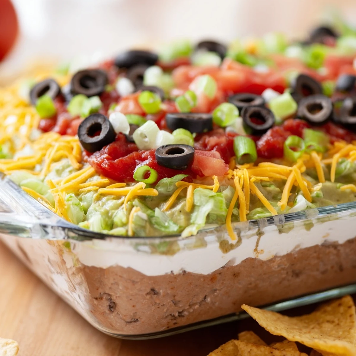 This easy Tex-Mex dip shows seven distinct layers, perfect for scooping with sturdy tortilla chips.
