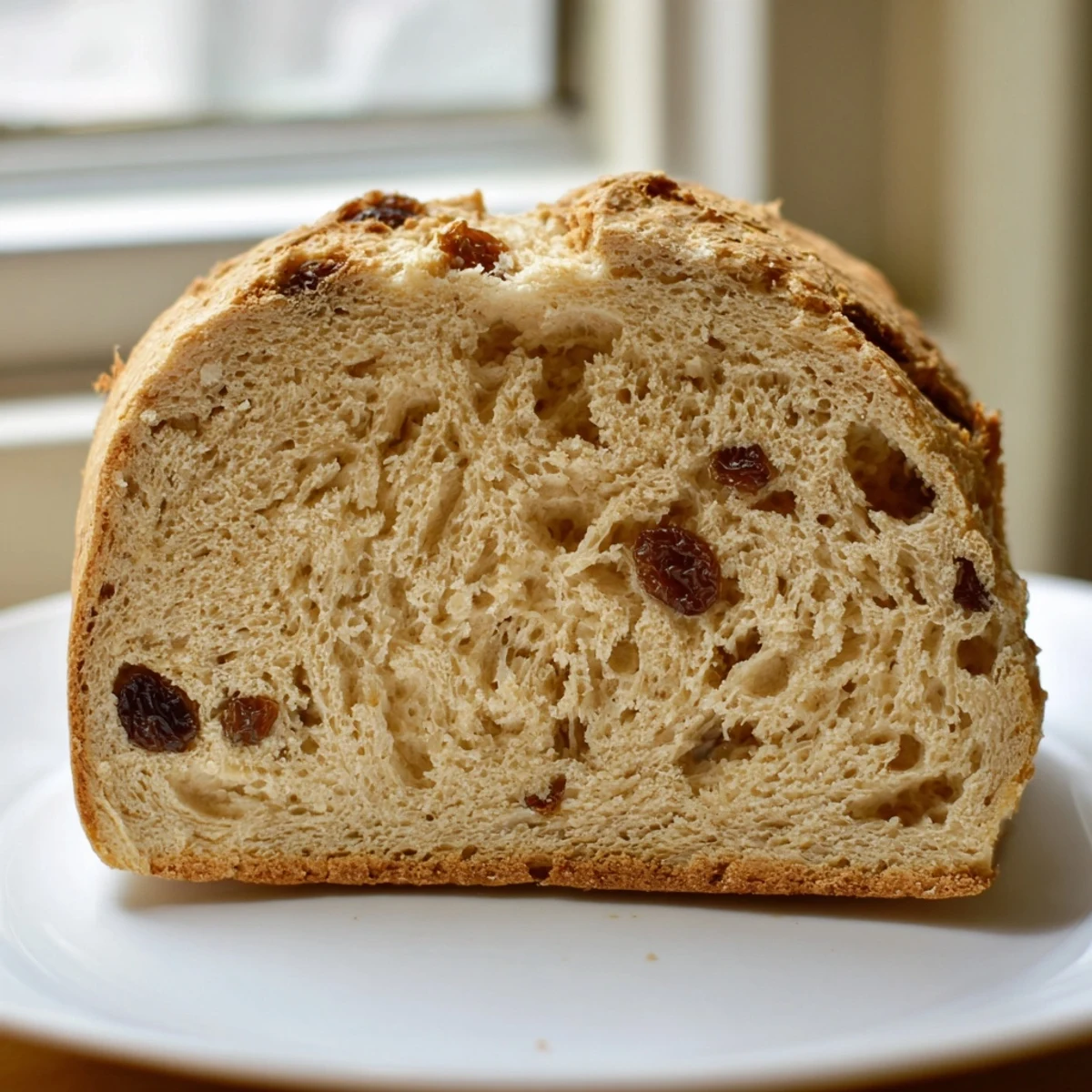 A freshly baked Irish Soda Bread with Raisins and Caraway Seeds rests on a wire rack, its golden-brown crust dusted with flour and marked with a deep X.