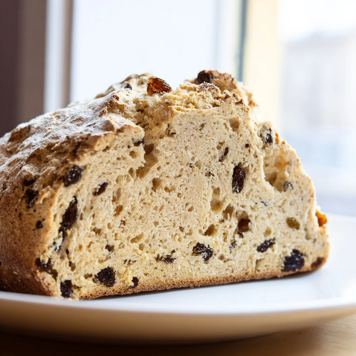 Warm Irish Soda Bread with Raisins and Caraway Seeds is sliced open to reveal a tender, airy crumb studded with plump raisins and flecked with aromatic caraway seeds.