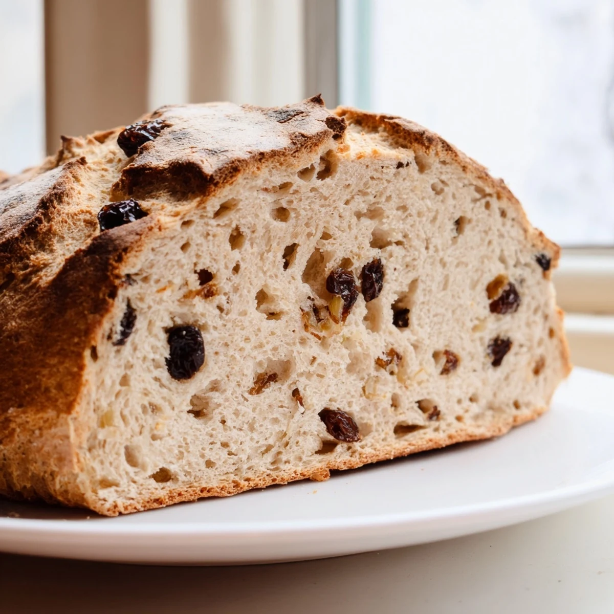 A rustic Irish Soda Bread with Raisins and Caraway Seeds is served on a wooden board with a pat of butter and a small jar of jam.