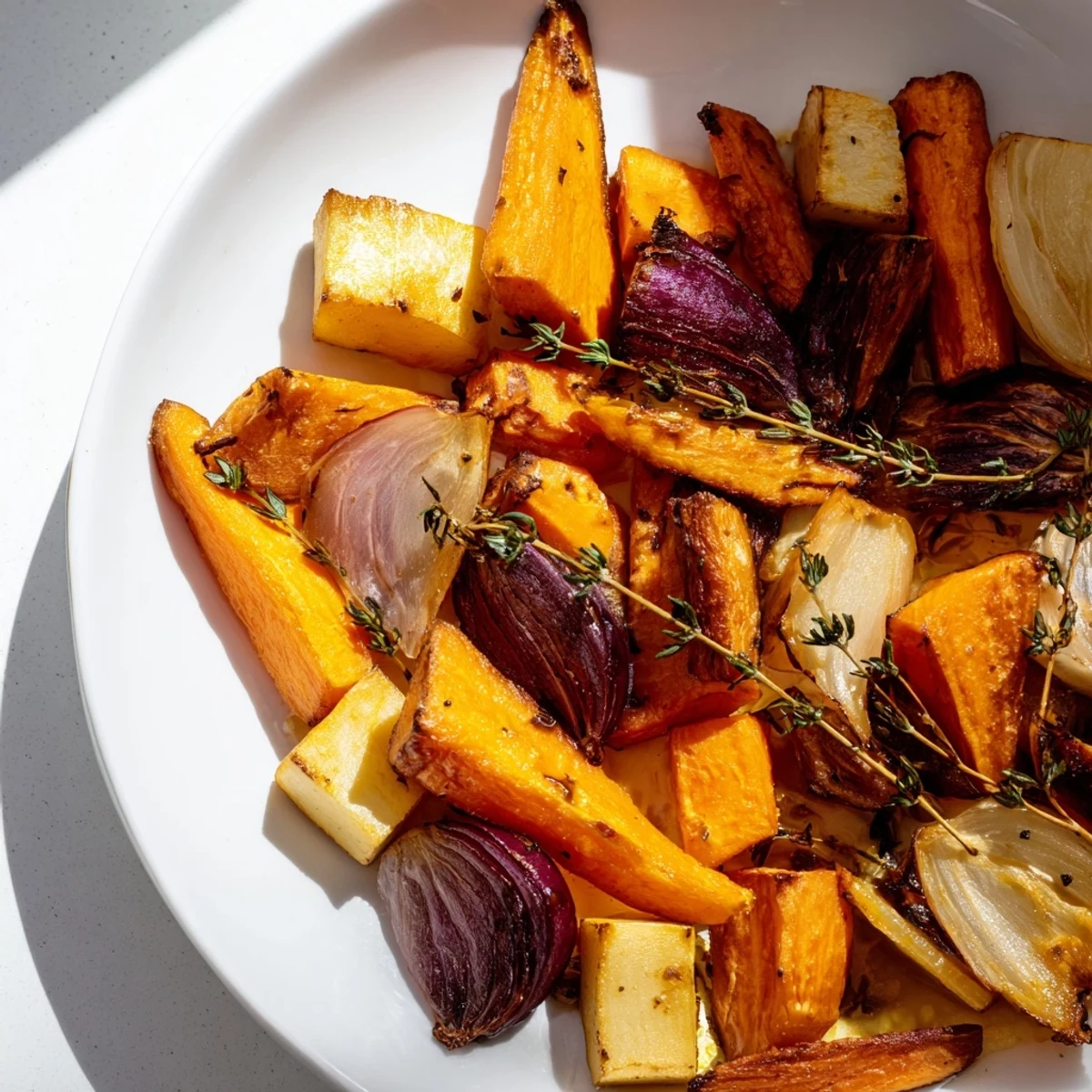 Roasted Root Vegetable Medley with Thyme and caramelized edges, served warm in a rustic dish.