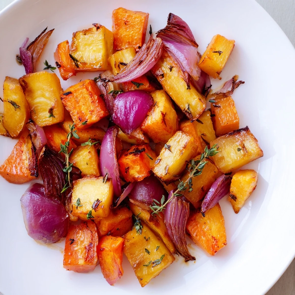 A close-up of golden Roasted Root Vegetable Medley with Thyme, garnished with fresh parsley.