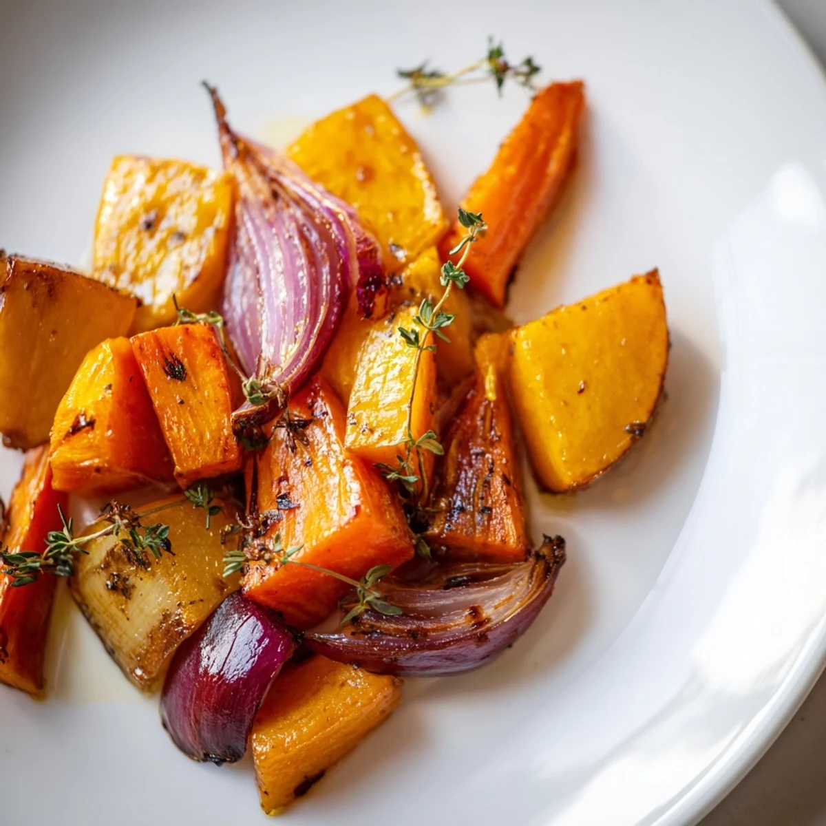 Colorful roasted carrots, parsnips, sweet potato, and onion in Roasted Root Vegetable Medley with Thyme.