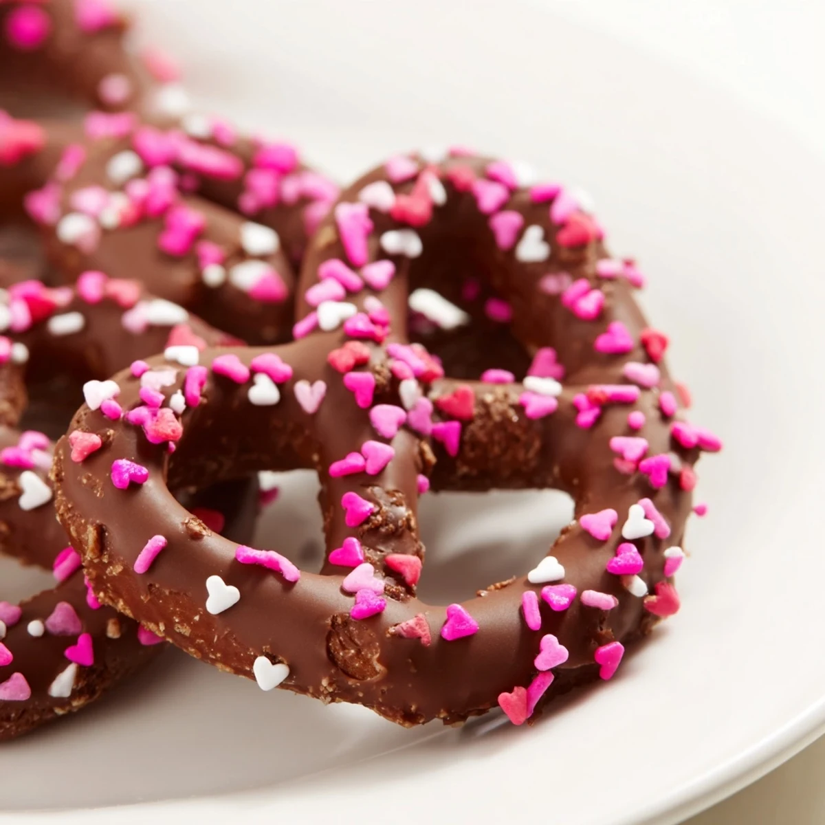 A close-up of chocolate covered pretzels with heart sprinkles, arranged on parchment paper with a cozy kitchen backdrop.